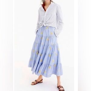 J.Crew Embroidered Pineapple Striped Tiered Midi Skirt Blue White Size XS